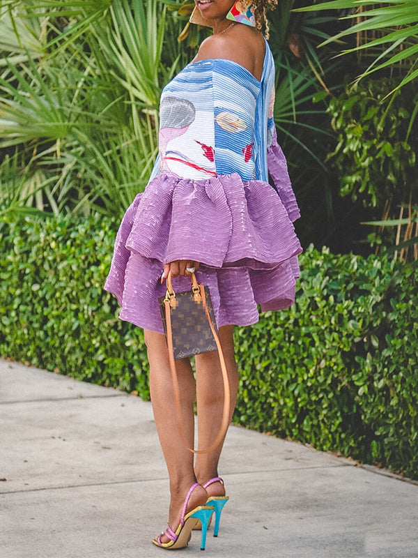 Printed V-Neck Ruffle Dress