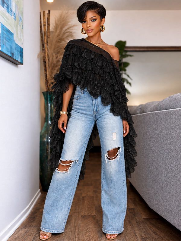 Boat-Neck Tiered Ruffle Top