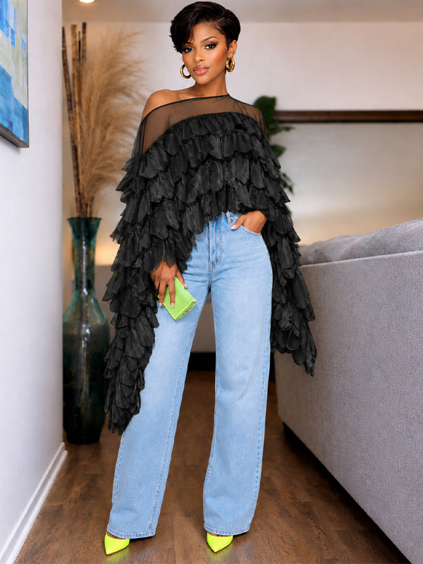 Boat-Neck Tiered Ruffle Top
