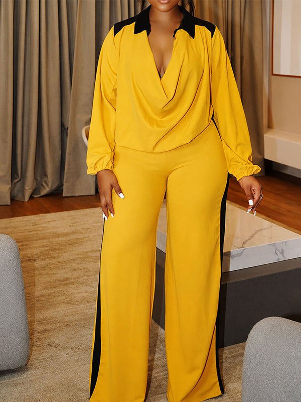 Contrast Cowl-Neck Top & Pants Set