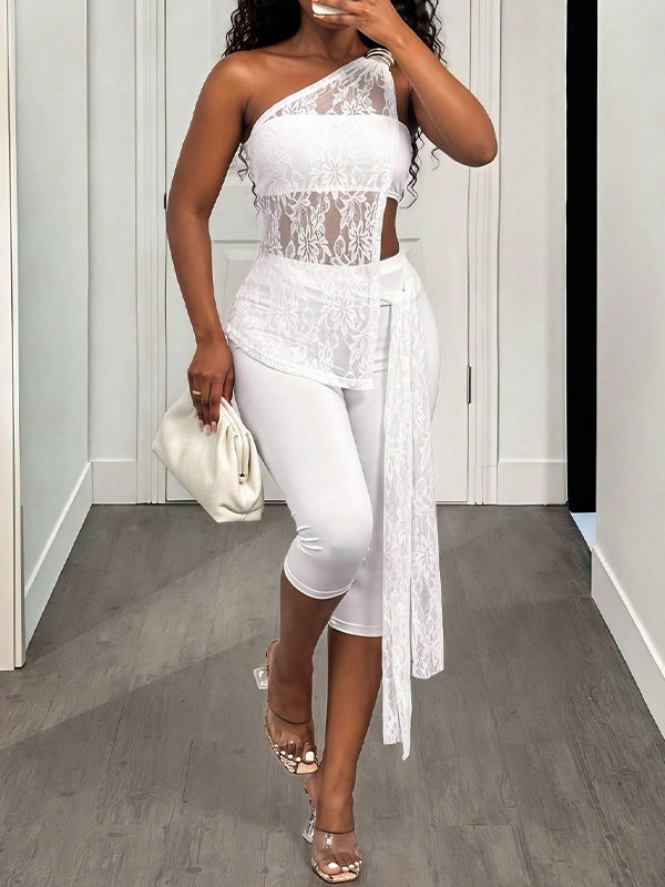 Lace-Combo One-Shoulder Top & Capri Pants Set