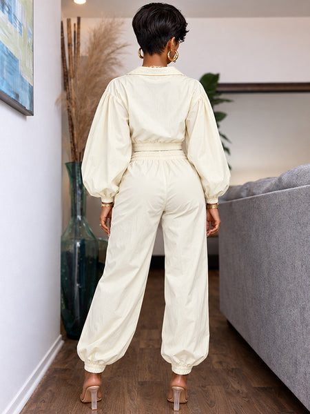 Stripe Puff-Sleeve Jacket & Pants Set