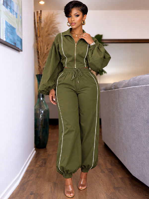 Stripe Puff-Sleeve Jacket & Pants Set