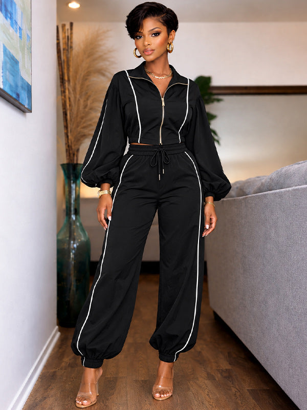 Stripe Puff-Sleeve Jacket & Pants Set