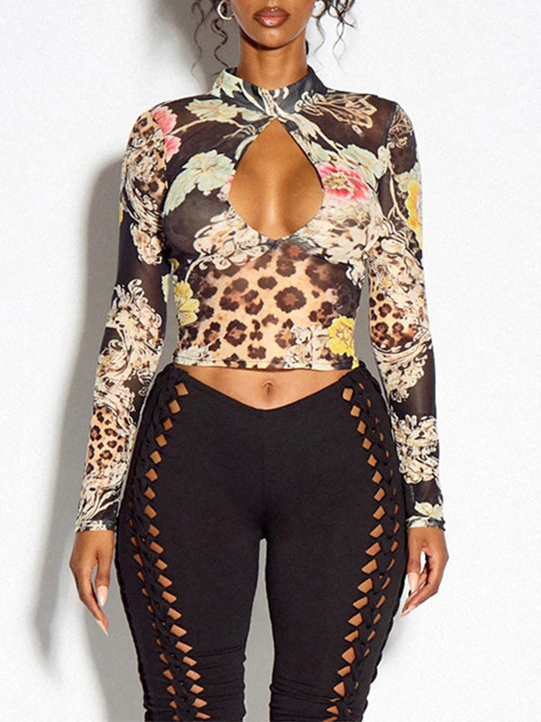 Printed Cutout Sheer Top