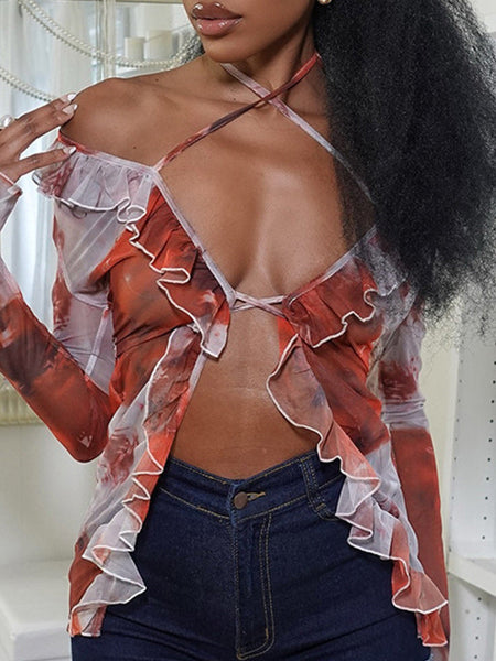 Printed Ruffle Halter Shirt