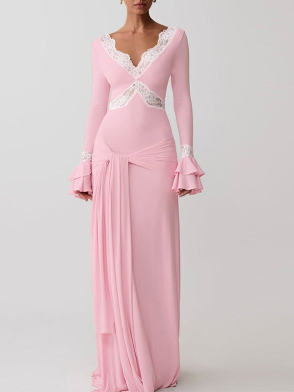 Lace-Combo V-Neck Maxi Dress