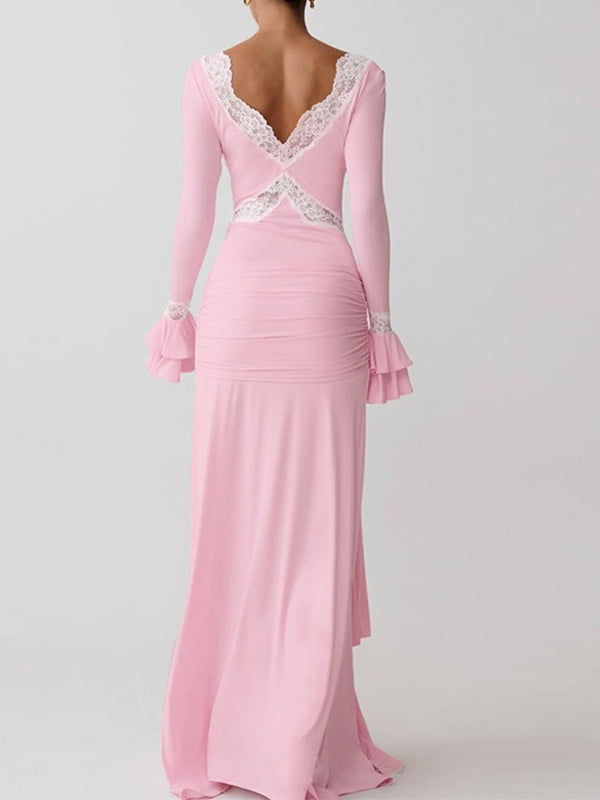 Lace-Combo V-Neck Maxi Dress