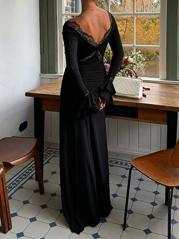 Lace-Combo V-Neck Maxi Dress