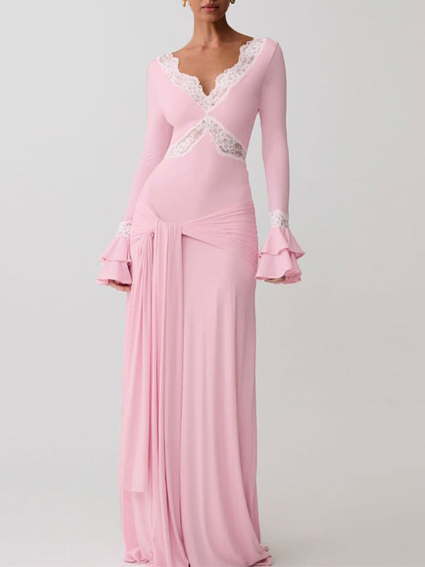 Lace-Combo V-Neck Maxi Dress