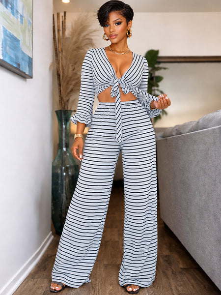 Stripe V-Neck Tied Top & Pants Set