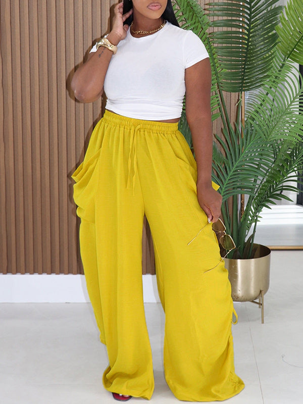 Drawstring Ruched Wide-Leg Pants
