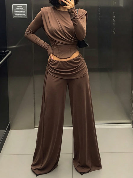 Ruched Corset Top & Wide-Leg Pants Set