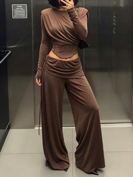 Ruched Corset Top & Wide-Leg Pants Set