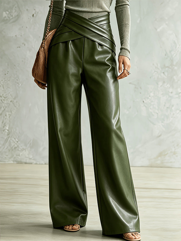 Cross-Waist Faux-Leather Pants