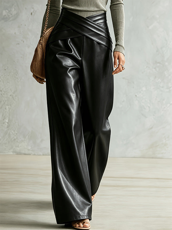 Cross-Waist Faux-Leather Pants