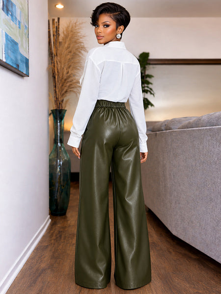 Cross-Waist Faux-Leather Pants