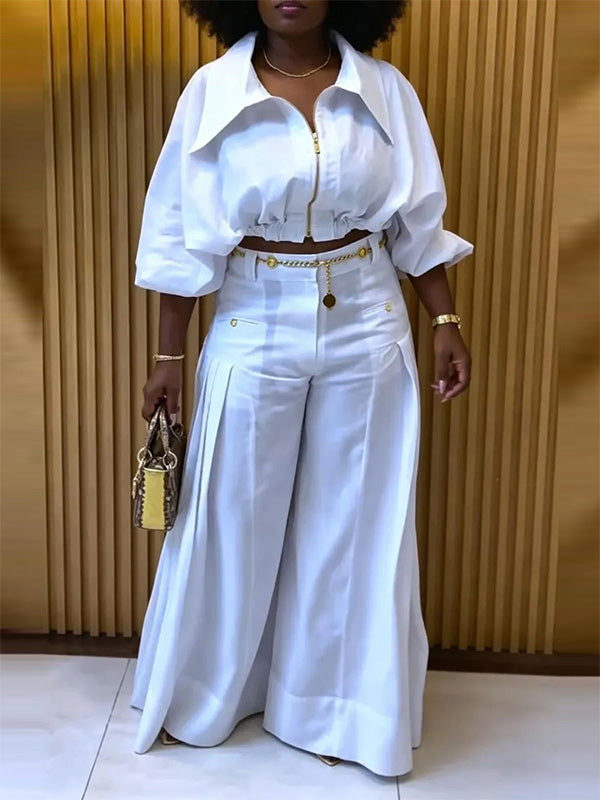 Zip-Front Jacket & Wide-Leg Pants Set