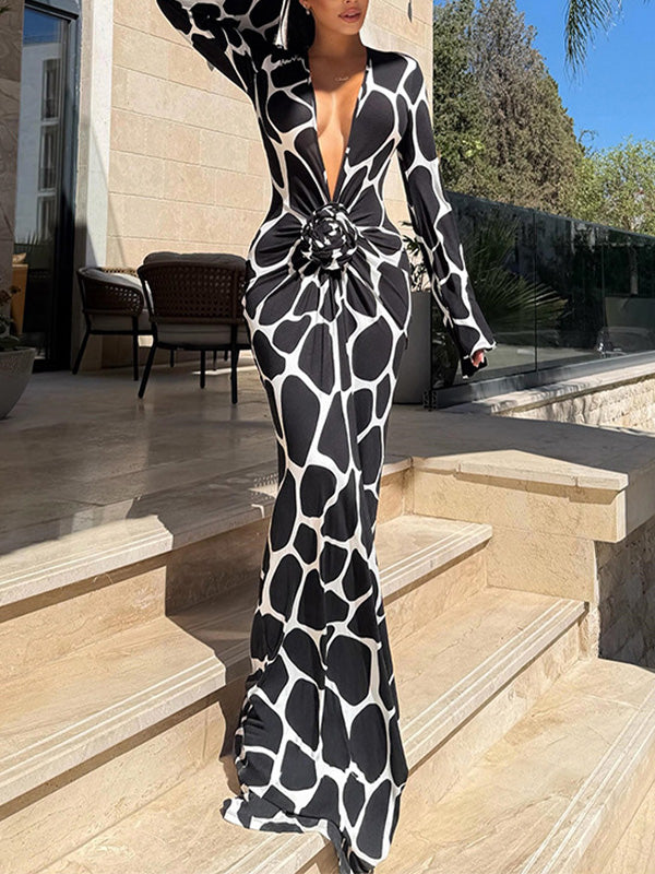 3D-Floral V-Neck Maxi Dress