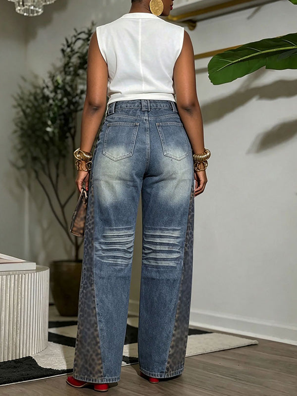 Leopard-Combo Wide-Leg Jeans
