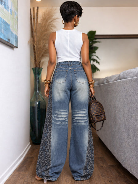 Leopard-Combo Wide-Leg Jeans