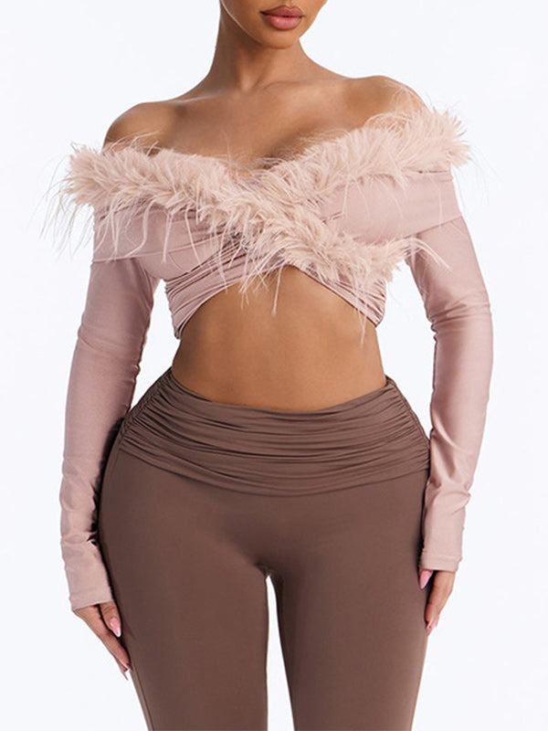 Faux-Fur Combo Off-Shoulder Crop Top