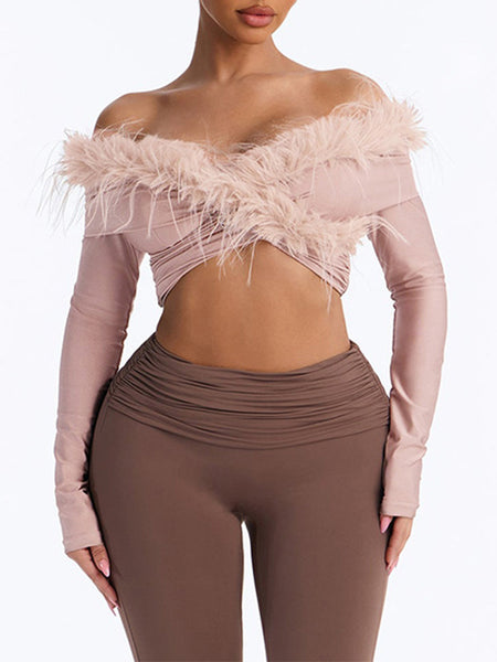 Faux-Fur Combo Off-Shoulder Crop Top
