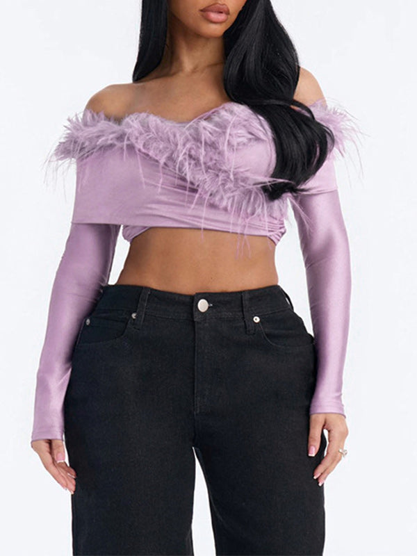 Faux-Fur Combo Off-Shoulder Crop Top