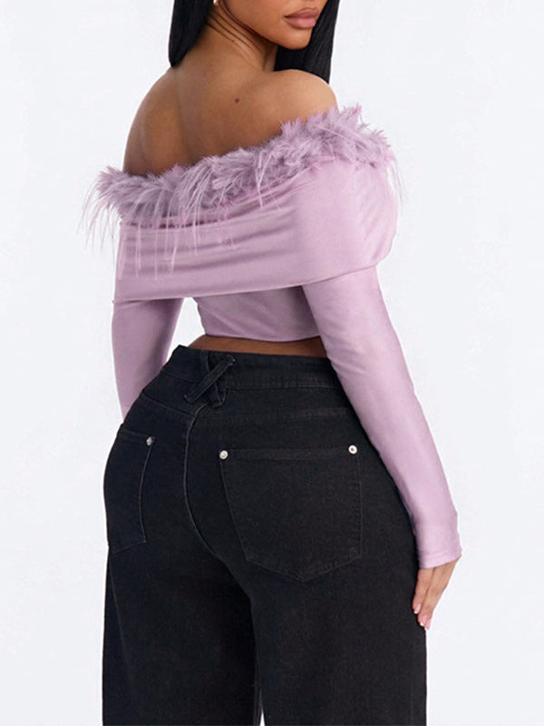 Faux-Fur Combo Off-Shoulder Crop Top