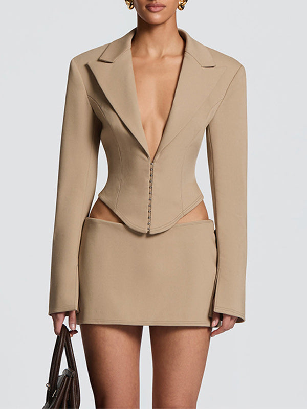 Solid Blazer & Skirt Set