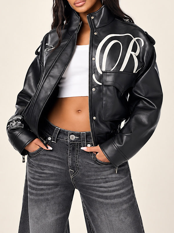 Embroidered Faux-Leather Jacket