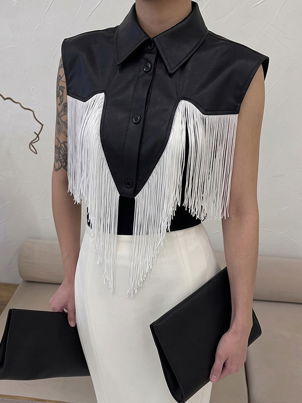 Fringe-Combo Faux-Leather Top