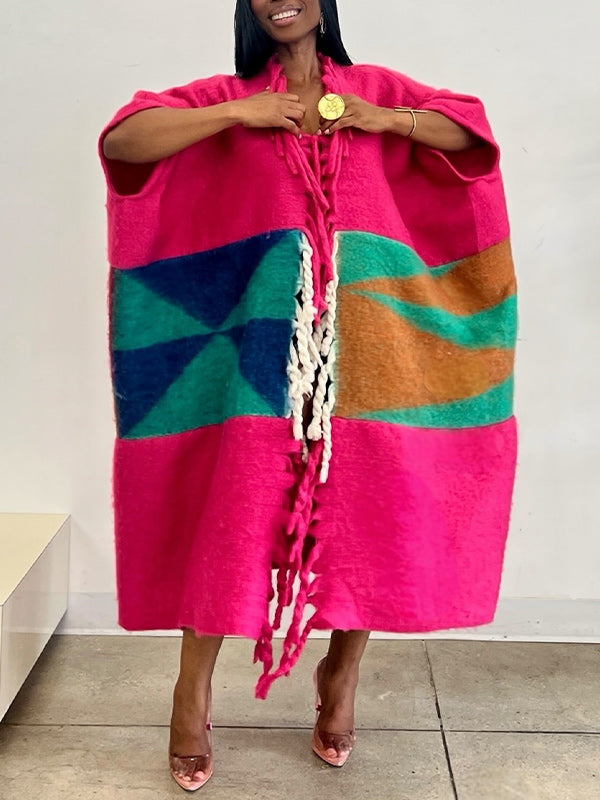Artistic Colorblock Tassel Poncho Coat