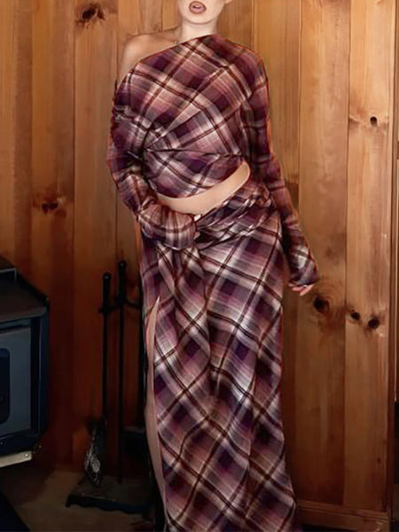 Plaid Boat-Neck Top & Slit Skirt Set