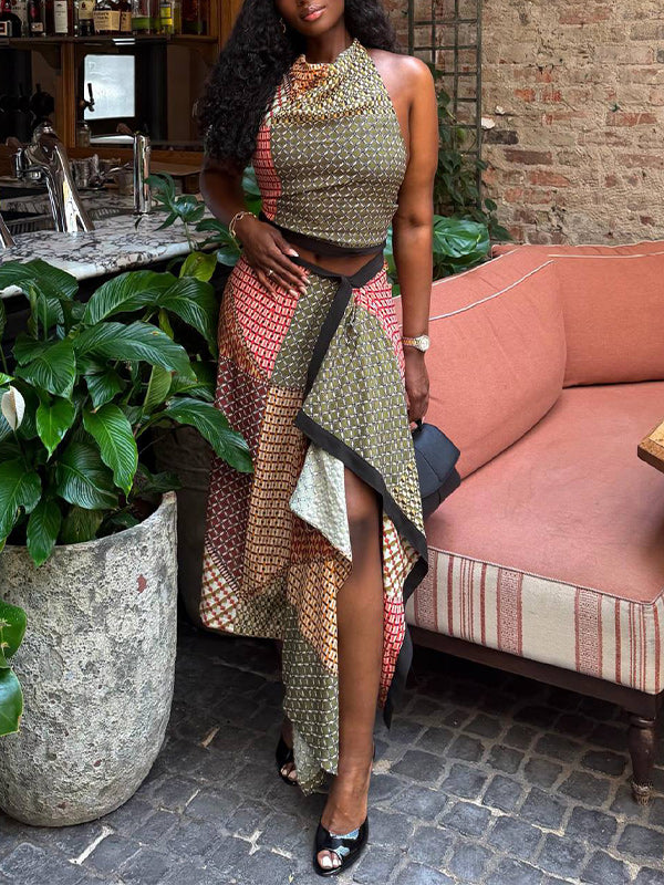 Printed Halter Top & Asymmetric Skirt Set