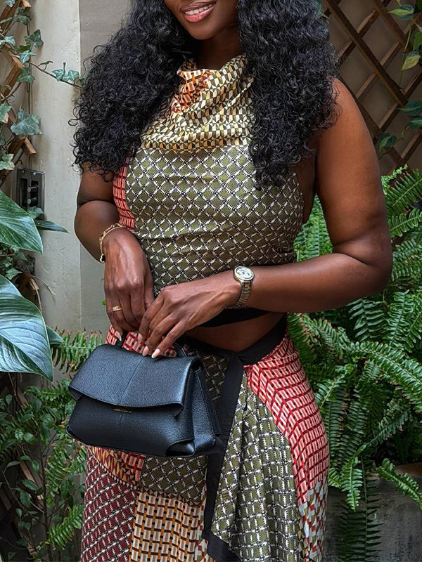 Printed Halter Top & Asymmetric Skirt Set