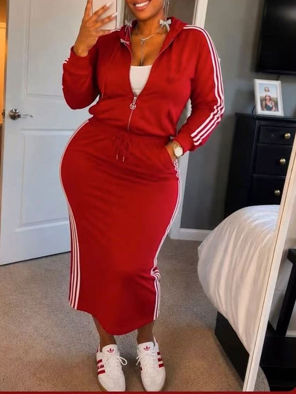 Side-Stripe ZIp-Front Hoodie & Skirt Set