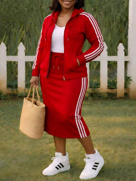 Side-Stripe ZIp-Front Hoodie & Skirt Set
