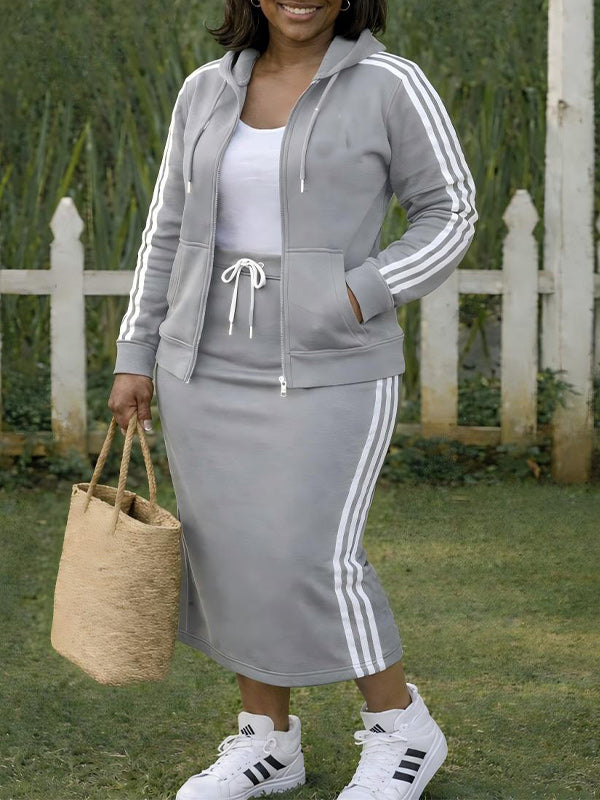 Side-Stripe ZIp-Front Hoodie & Skirt Set