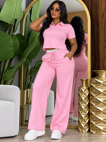 Polo Top & Double-Waist Pants Set