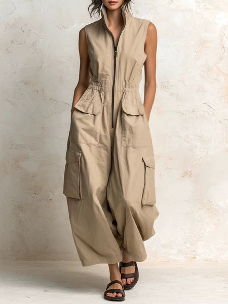 Zip-Front Sleeveless Cargo Jumpsuit