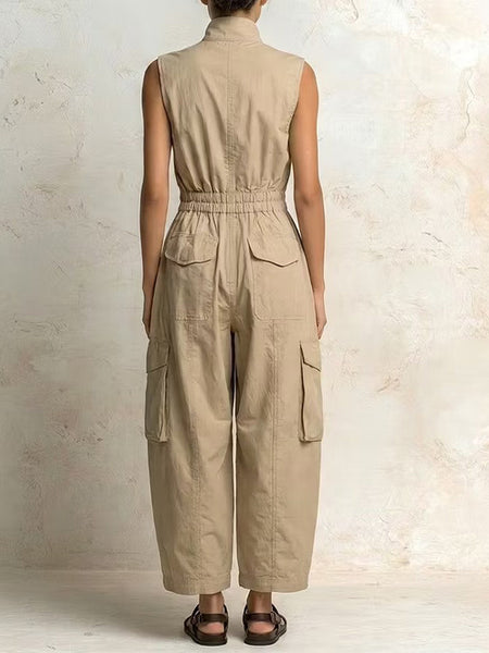 Zip-Front Sleeveless Cargo Jumpsuit