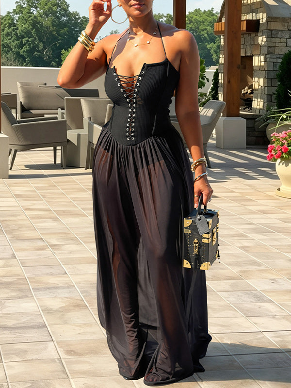 Lace-Up Halter Maxi Dress