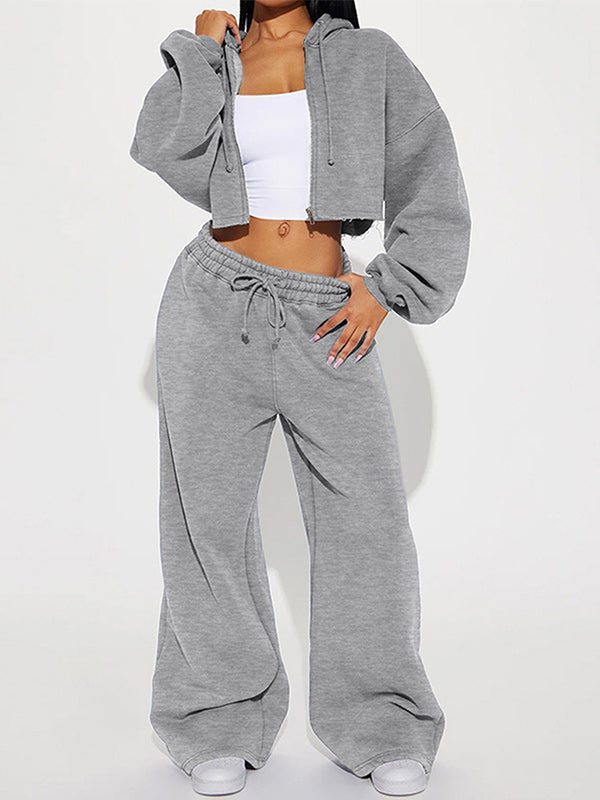 Solid Zip-Front Hoodie & Wide-Leg Pants Set