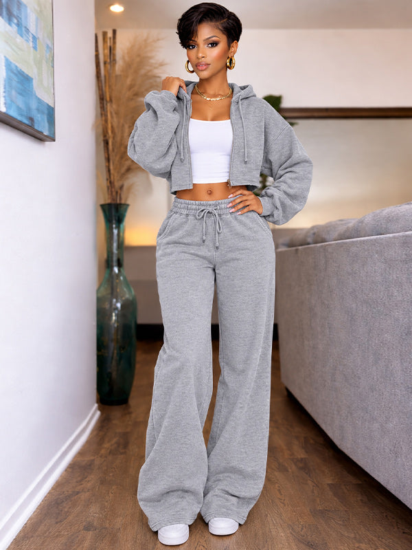Solid Zip-Front Hoodie & Wide-Leg Pants Set