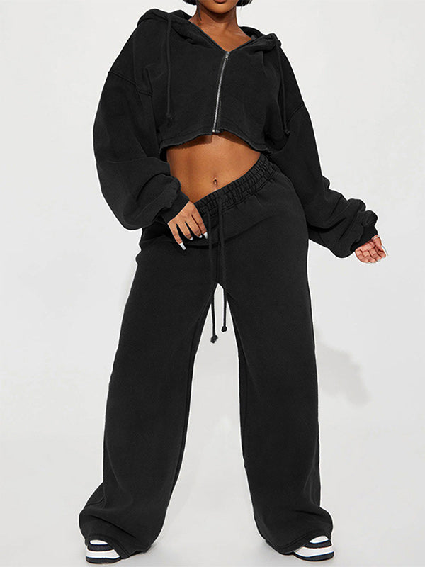 Solid Zip-Front Hoodie & Wide-Leg Pants Set
