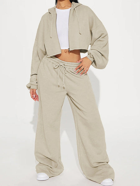 Solid Zip-Front Hoodie & Wide-Leg Pants Set