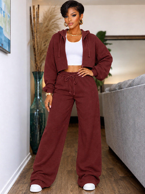 Solid Zip-Front Hoodie & Wide-Leg Pants Set