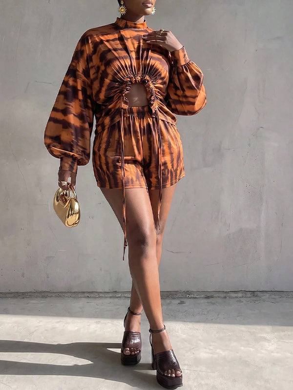 Printed Drawstring Top & Shorts Set