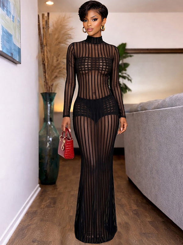 Stripe Mock-Neck Sheer Dress